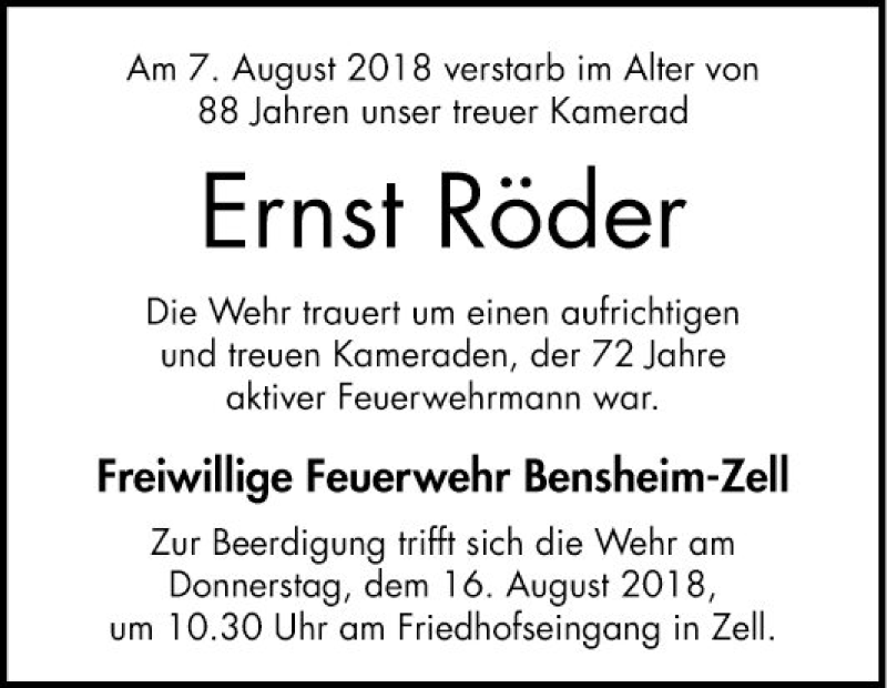  Traueranzeige für Ernst Röder vom 14.08.2018 aus Bergsträßer Anzeiger