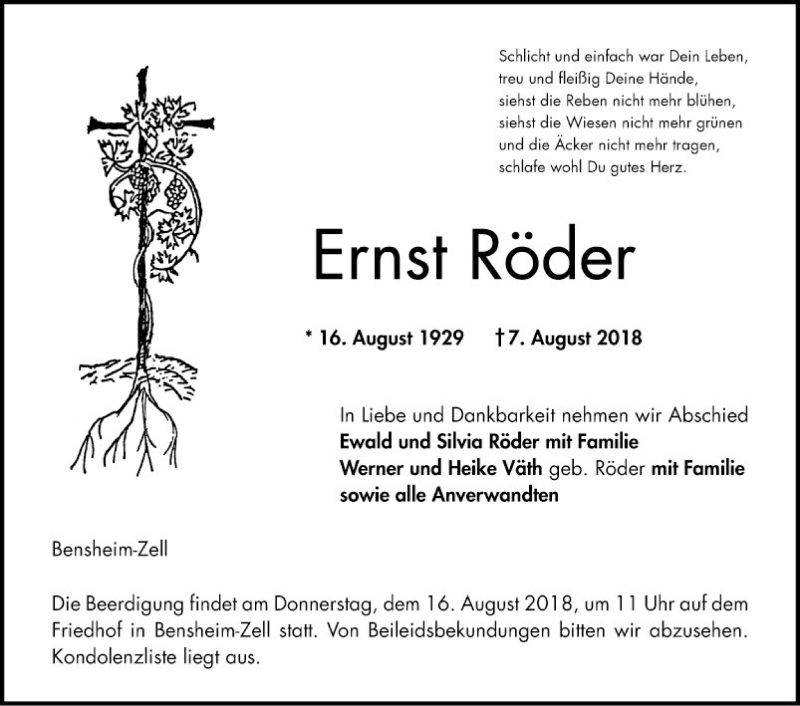  Traueranzeige für Ernst Röder vom 11.08.2018 aus Bergsträßer Anzeiger