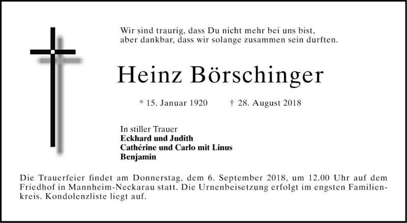  Traueranzeige für Heinz Börschinger vom 01.09.2018 aus Mannheimer Morgen