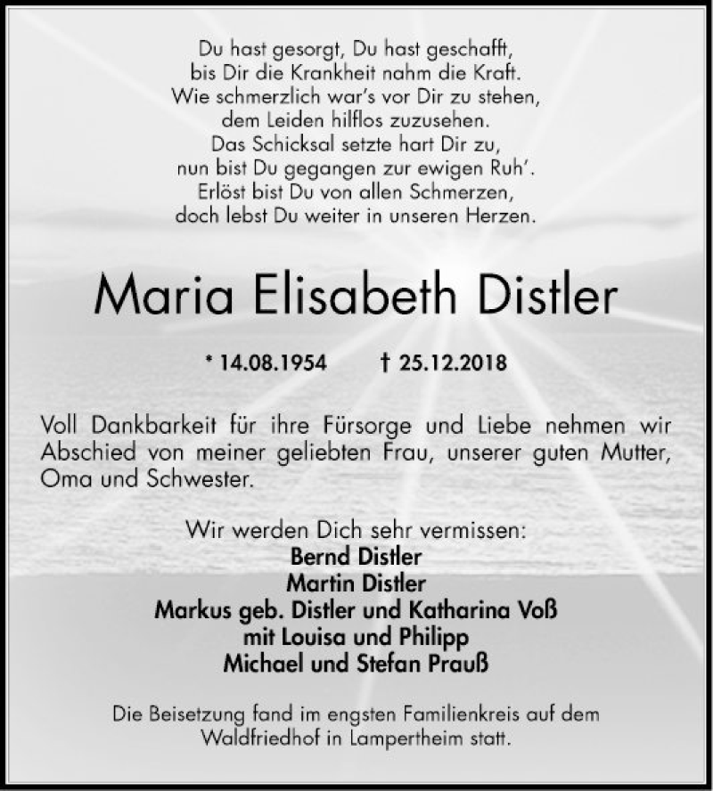  Traueranzeige für Maria Elisabeth Distler vom 15.01.2019 aus Mannheimer Morgen
