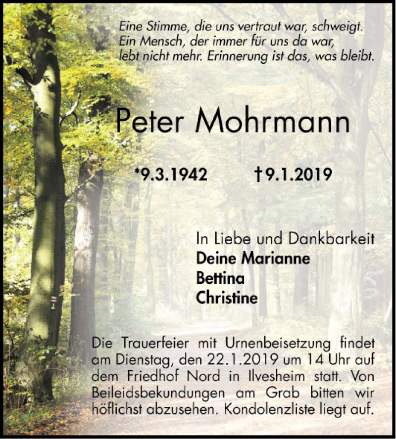  Traueranzeige für Peter Mohrmann vom 16.01.2019 aus Mannheimer Morgen