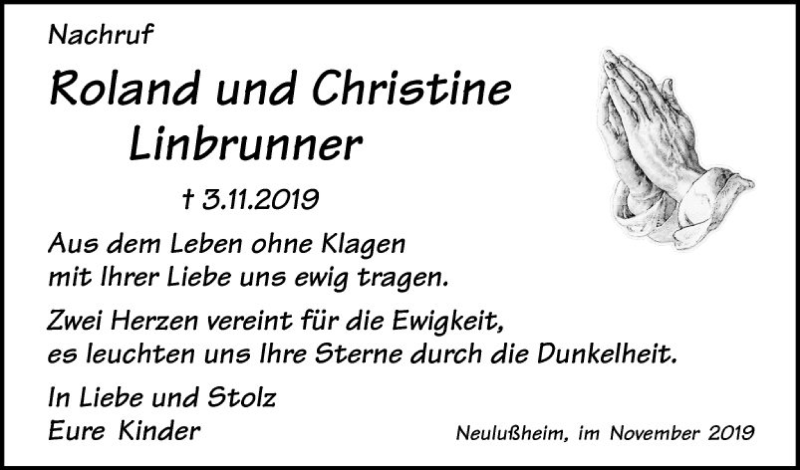  Traueranzeige für Christine Linbrunner vom 19.11.2019 aus Schwetzinger Zeitung