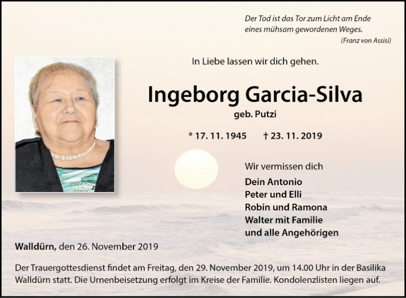  Traueranzeige für Ingeborg Garcia-Silva vom 26.11.2019 aus Fränkische Nachrichten