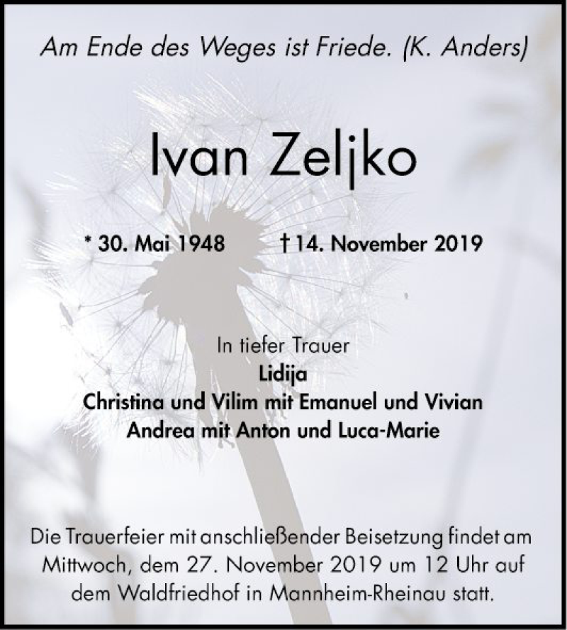  Traueranzeige für Ivan Zeljko vom 23.11.2019 aus Mannheimer Morgen