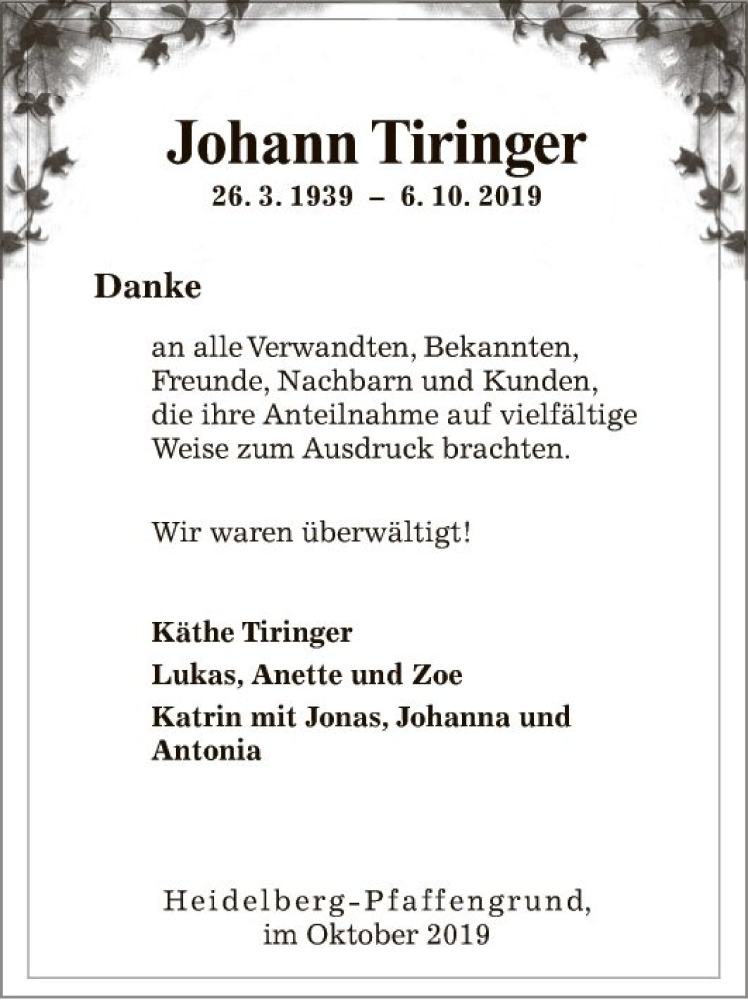  Traueranzeige für Johann Tiringer vom 02.11.2019 aus Schwetzinger Zeitung