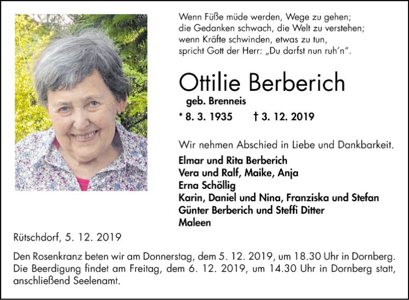  Traueranzeige für Ottilie Berberich vom 05.12.2019 aus Fränkische Nachrichten