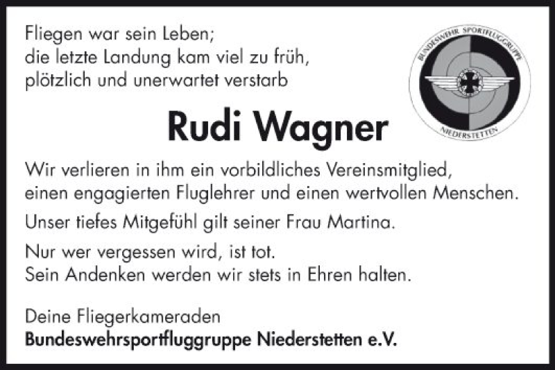  Traueranzeige für Rudi Wagner vom 04.12.2019 aus Fränkische Nachrichten