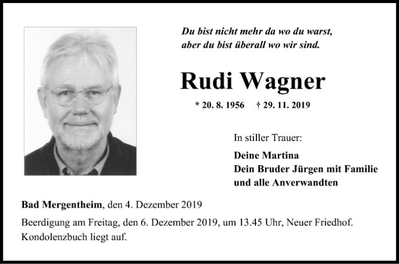  Traueranzeige für Rudi Wagner vom 04.12.2019 aus Fränkische Nachrichten