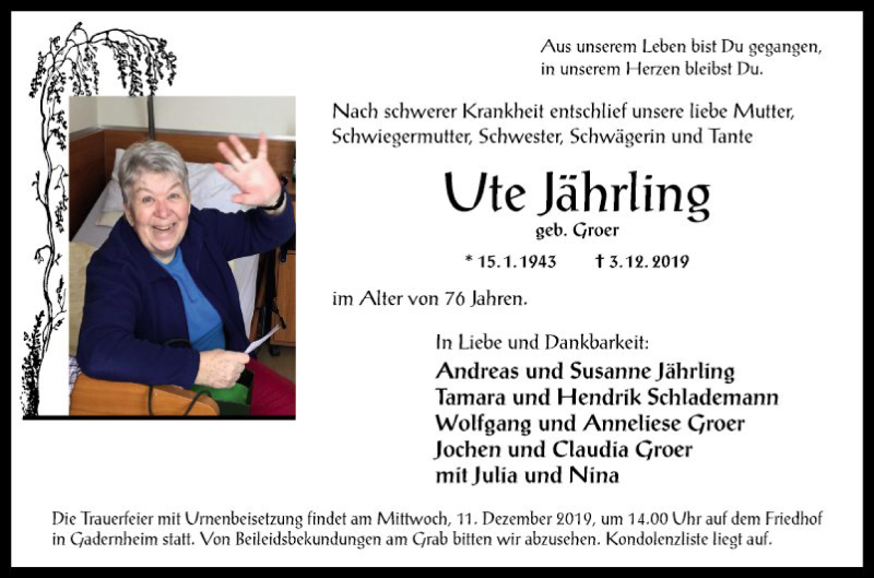  Traueranzeige für Ute Jährling vom 07.12.2019 aus Bergsträßer Anzeiger
