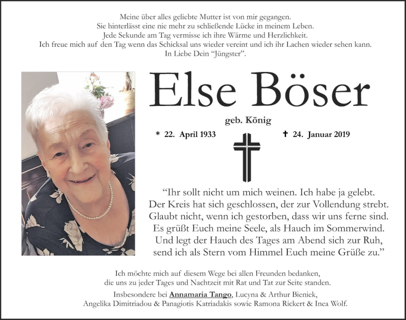  Traueranzeige für Else Böser vom 16.02.2019 aus Mannheimer Morgen