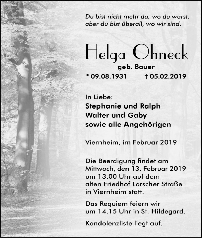  Traueranzeige für Helga Ohneck vom 09.02.2019 aus Südhessen Morgen