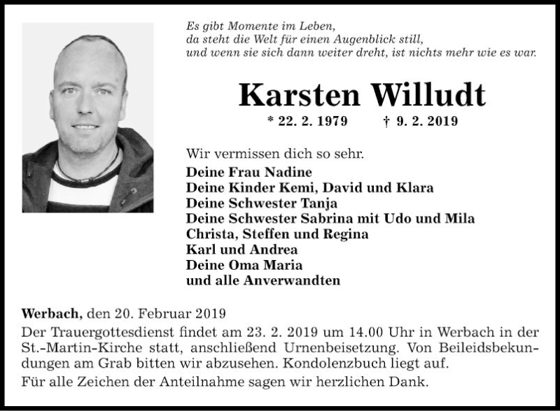 Traueranzeige für Karsten Willudt vom 20.02.2019 aus Fränkische Nachrichten