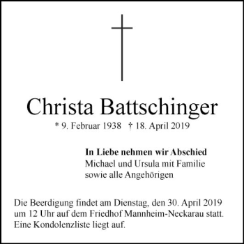 Traueranzeige von Christa Battschinger von Mannheimer Morgen