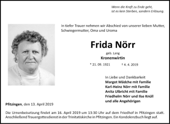 Traueranzeige von Frida Nörr von Fränkische Nachrichten