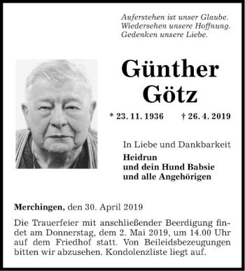 Traueranzeige von Günther Götz von Fränkische Nachrichten