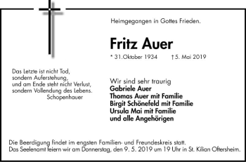 Traueranzeige von Fritz Auer von Schwetzinger Zeitung