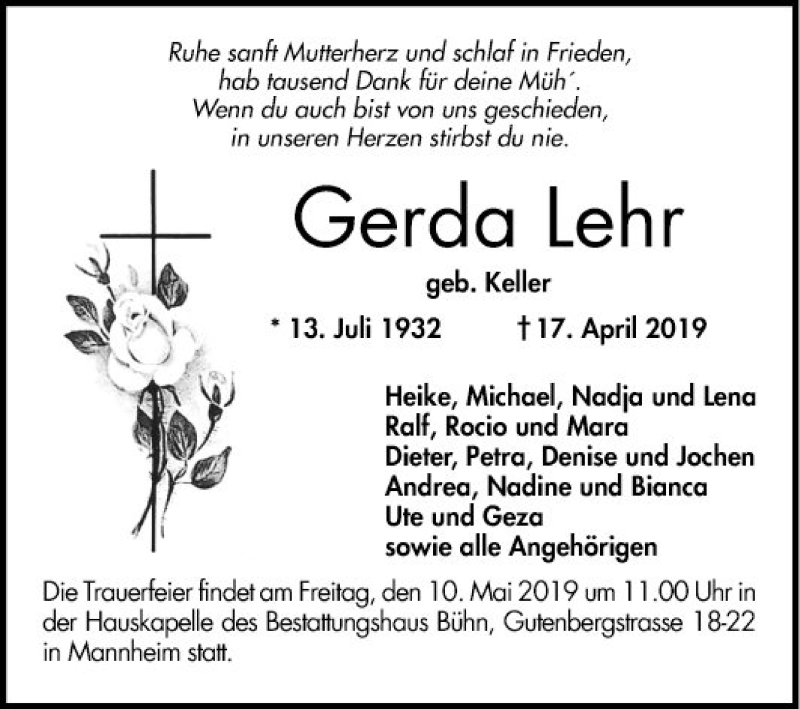  Traueranzeige für Gerda Lehr vom 04.05.2019 aus Mannheimer Morgen