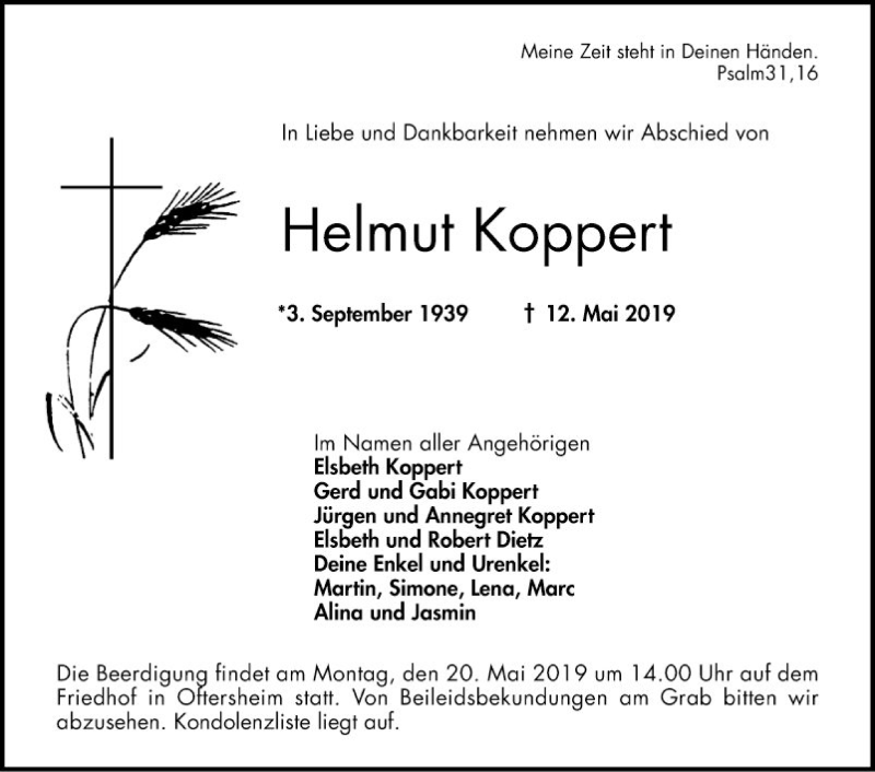  Traueranzeige für Helmut Koppert vom 17.05.2019 aus Schwetzinger Zeitung