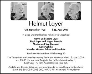 Traueranzeige von Helmut Layer von Bergsträßer Anzeiger