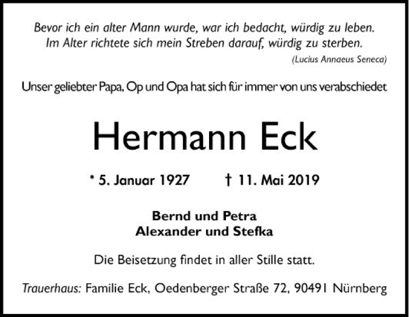  Traueranzeige für Hermann Eck vom 18.05.2019 aus Mannheimer Morgen