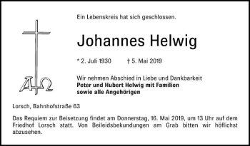 Traueranzeige von Johannes Helwig von Bergsträßer Anzeiger