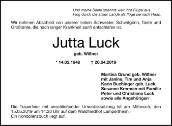 Traueranzeige von Jutta Luck von Mannheimer Morgen