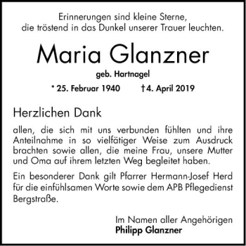Traueranzeige von Maria Glanzner von Bergsträßer Anzeiger