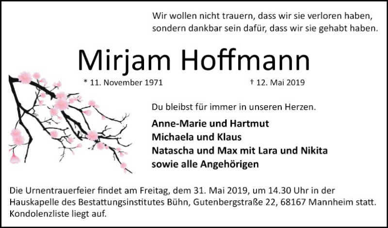  Traueranzeige für Mirjam Hoffmann vom 18.05.2019 aus Mannheimer Morgen