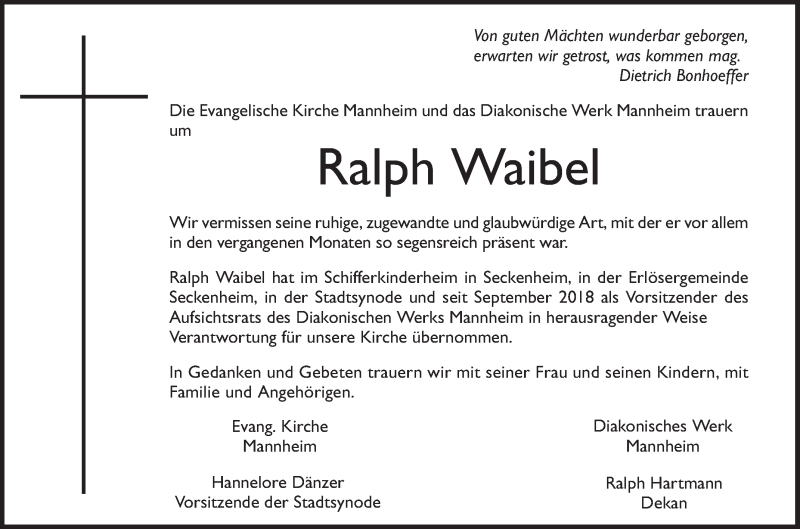  Traueranzeige für Ralph Waibel vom 14.05.2019 aus Mannheimer Morgen