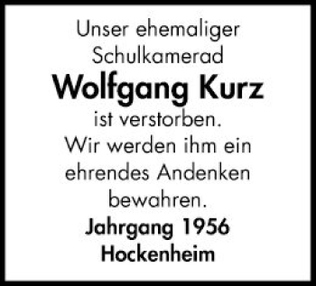 Traueranzeige von Wolfgang Kurz von Schwetzinger Zeitung