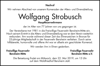 Traueranzeige von Wolfgang Strobusch von Bergsträßer Anzeiger