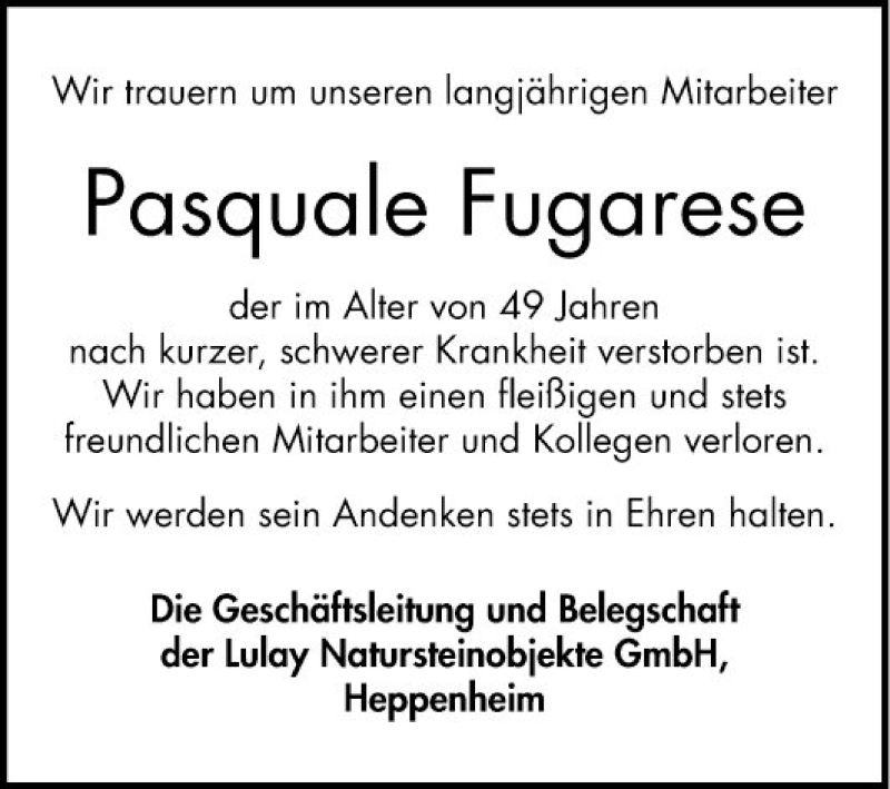 Traueranzeige für Pasquale Fugarese vom 08.07.2019 aus Bergsträßer Anzeiger