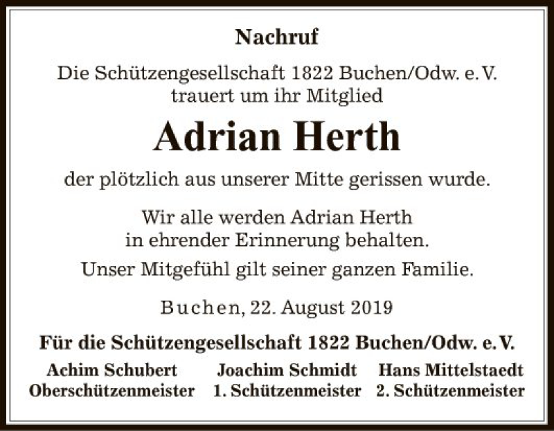  Traueranzeige für Adrian Herth vom 22.08.2019 aus Fränkische Nachrichten
