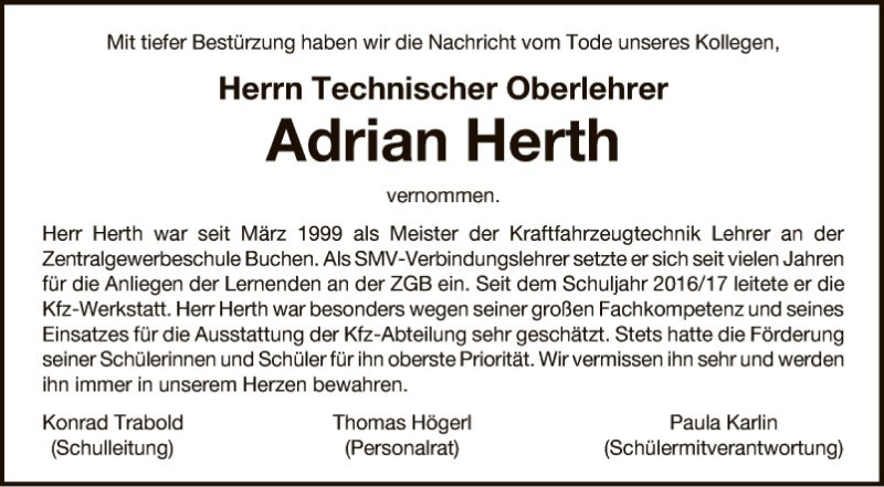  Traueranzeige für Adrian Herth vom 22.08.2019 aus Fränkische Nachrichten