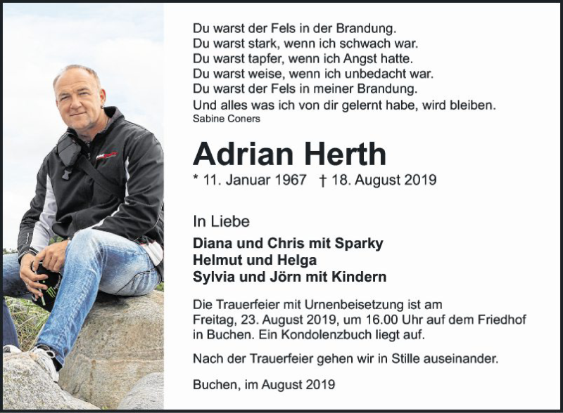  Traueranzeige für Adrian Herth vom 21.08.2019 aus Fränkische Nachrichten