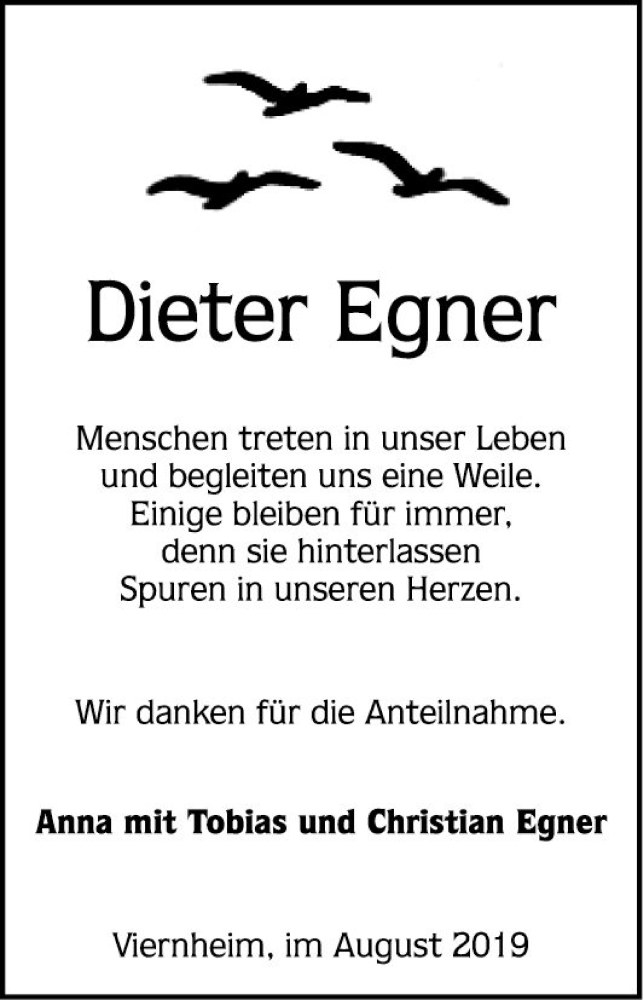  Traueranzeige für Dieter Egner vom 31.08.2019 aus Südhessen Morgen