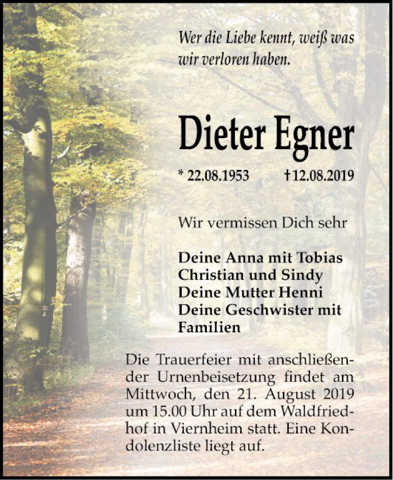  Traueranzeige für Dieter Egner vom 17.08.2019 aus Südhessen Morgen