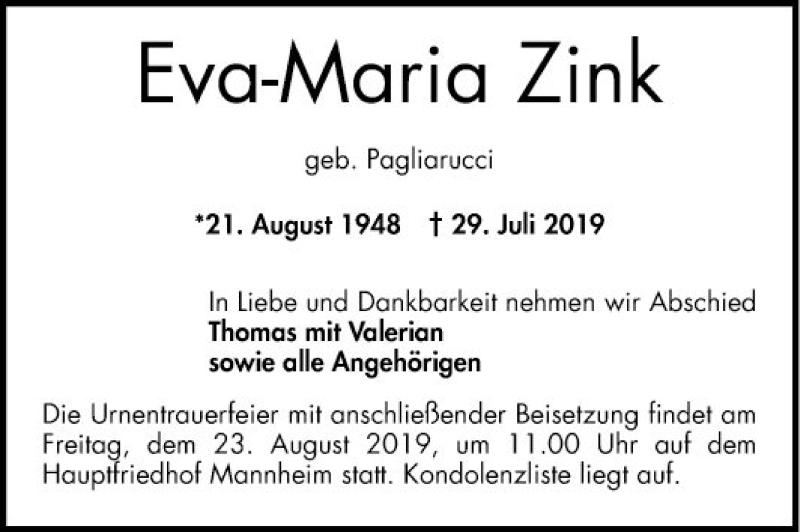  Traueranzeige für Eva-Maria Zink vom 10.08.2019 aus Mannheimer Morgen
