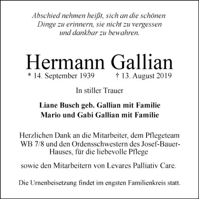  Traueranzeige für Hermann Gallian vom 17.08.2019 aus Mannheimer Morgen