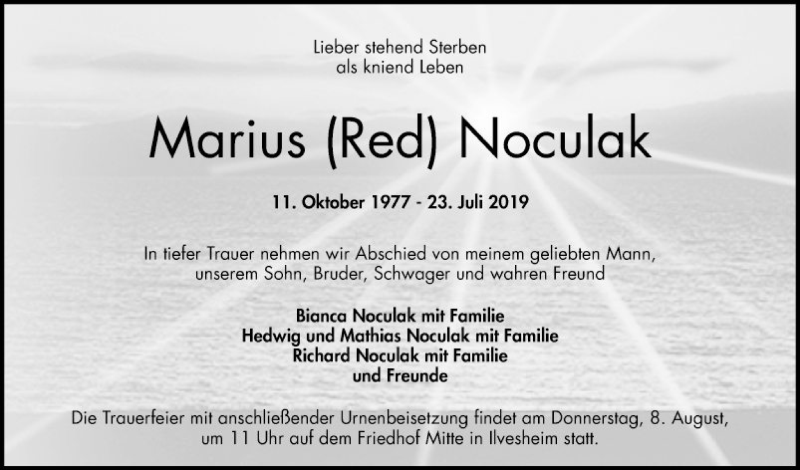  Traueranzeige für Marius  Noculak vom 03.08.2019 aus Mannheimer Morgen