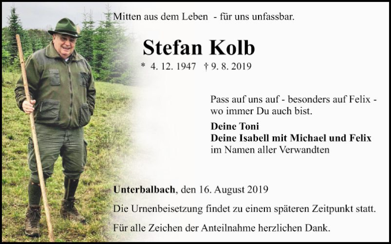  Traueranzeige für Stefan Kolb vom 16.08.2019 aus Fränkische Nachrichten