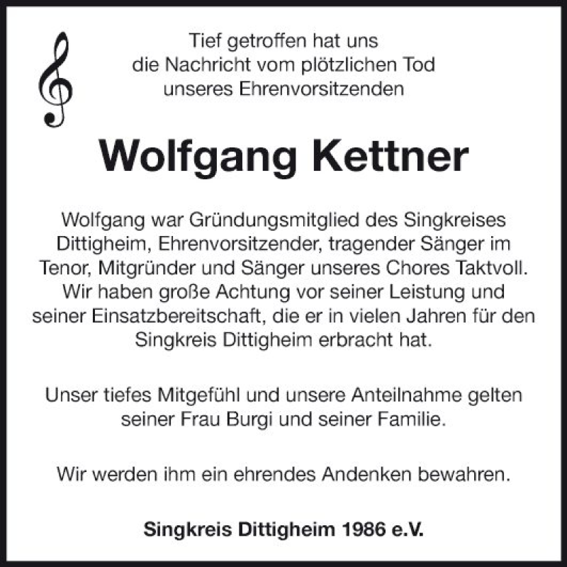  Traueranzeige für Wolfgang Kettner vom 22.08.2019 aus Fränkische Nachrichten