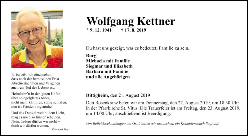  Traueranzeige für Wolfgang Kettner vom 21.08.2019 aus Fränkische Nachrichten