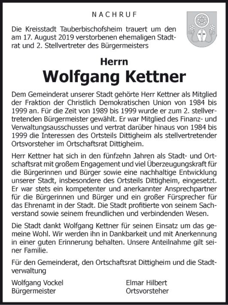  Traueranzeige für Wolfgang Kettner vom 22.08.2019 aus Fränkische Nachrichten