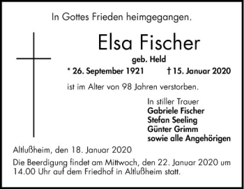 Traueranzeige von Elsa Fischer von Schwetzinger Zeitung