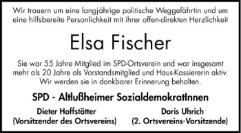 Traueranzeige von Elsa Fischer von Schwetzinger Zeitung