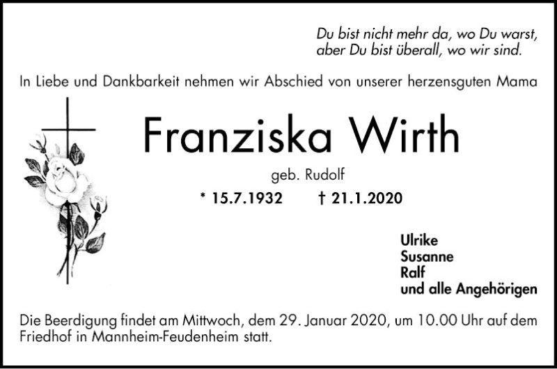  Traueranzeige für Franziska Wirth vom 25.01.2020 aus Mannheimer Morgen