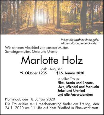 Traueranzeige von Marlotte Holz von Schwetzinger Zeitung