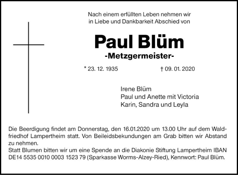  Traueranzeige für Paul Blüm vom 11.01.2020 aus Südhessen Morgen