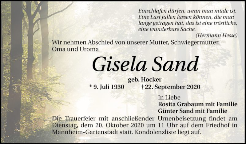  Traueranzeige für Gisela Sand vom 10.10.2020 aus Mannheimer Morgen